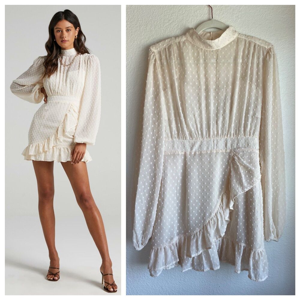 NWT Showpo. Tiahna Long Sleeve High Neck Ruffle Swiss Dot Dress in Cream Size 6